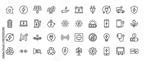 Energy and power thin line icon set. vector pictograms of electric plug, battery, solar panel, car charger, and wind turbine, minimal illustration.