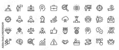 Business and personal growth line icon set. Vector pictograms of briefcase, star rating, target, handshake, and graph, thin linear illustration.