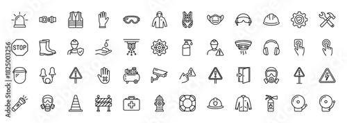 Safety and health warning line icon set. Vector pictograms of gloves, hard hat, fire extinguisher, first aid kit, and mask, thin linear illustration.