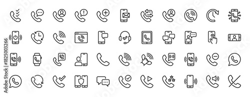 Telecommunication line icon set. Vector pictograms of phone calls, chat messages, headset, smartphone, and watch, thin linear illustration.
