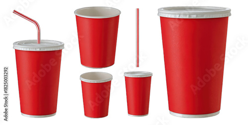 Assorted red disposable cups, lids, and straws