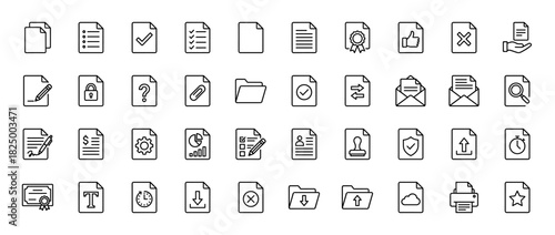 Document and file management line icon set. Vector pictograms of paper, folder, download, upload, and lock, thin linear illustration.