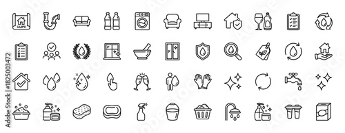 Household and cleaning services line icon set. Vector pictograms of furniture, water, laundry, washing, and plumbing, thin linear illustration.