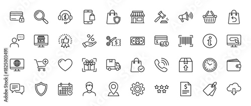 E-commerce and shopping line icon set. Vector pictograms of credit card, shopping bag, delivery truck, and online store, thin linear illustration.