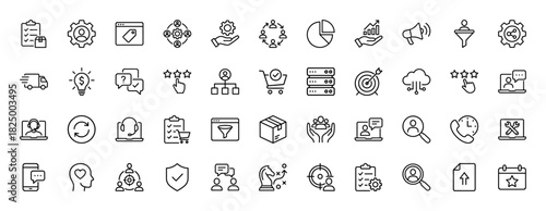 Business and marketing line icon set. Vector pictograms of teamwork, strategy, development, and e-commerce, thin linear illustration.
