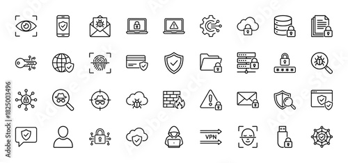 Cybersecurity line icon set. Vector pictograms of shield, lock, vpn, data, and security, thin linear illustration.