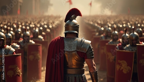 Roman centurion stands before army of soldiers in formation. Men wear metal armor helmets, holding shields. Military legionaries prepare for battle on dusty ground. Ancient warfare scene.