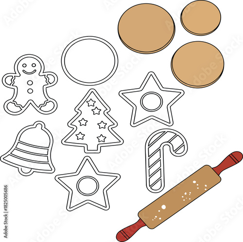 Christmas cookie cutters and rolling pin on white background baking