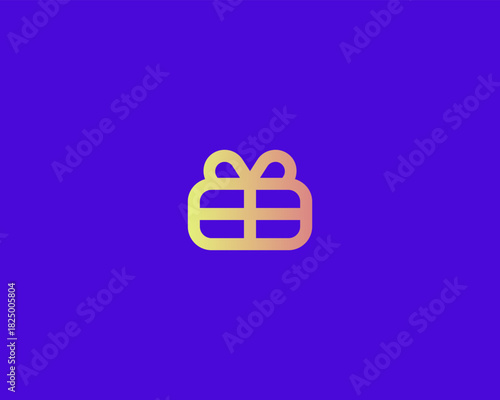 Abstract gift box outline logo. Box with wrapping paper and ribbon bow icon. Presents or special sales offer vector symbol.