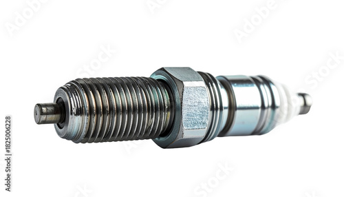 A close-up, isolated shot of a mechanical component. Silver and gray, it features screw threads and a white insulator. The object is angled