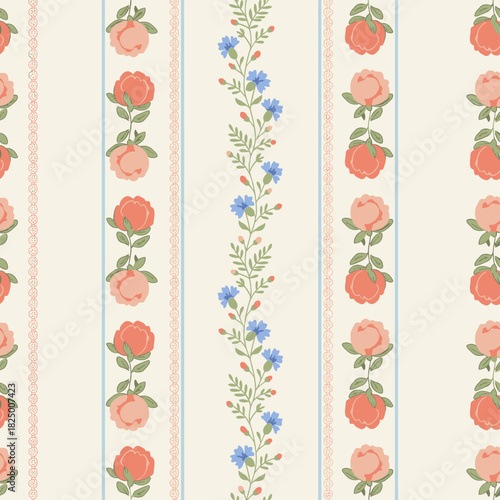 Vintage Floral Stripe Seamless Pattern Vector SVG - Folk Art Peony and Cornflower, Pastel Coral, Periwinkle, Cream
