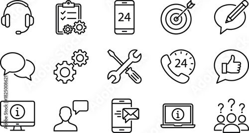 Customer support service icons set, communication assistance symbols, 24 hours hotline, troubleshooting tools, messaging notifications, consultation help, feedback chat bubbles