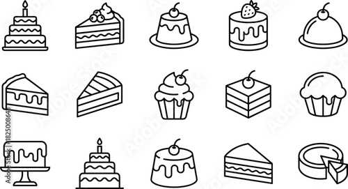 Delicious cake dessert icon set, bakery sweets illustration, pastry cupcake slice cheesecake line art, vector graphic dessert collection