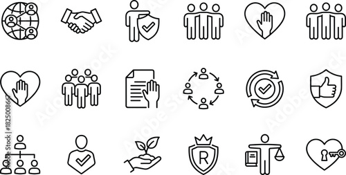 Diverse line icon set showing teamwork, trust, community support, security, ethics, leadership, sustainability, responsibility, and collaboration for business branding