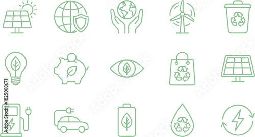 Eco friendly sustainability icons set with renewable energy, recycling symbol, green environment, solar panel, electric vehicle, eco conservation