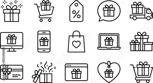 Gift icons collection with shopping cart, discount tag, delivery truck, present box, online gift, celebration symbols, minimal line style vector