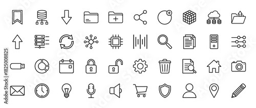 Technology and data line icon set. Vector pictograms of database, folder, server, security, and computing, thin linear illustration.