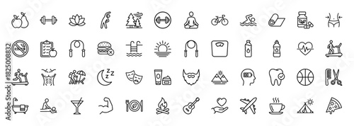 Healthy lifestyle and wellness line icon set. Vector pictograms of fitness, diet, yoga, swimming, camping, grooming, leisure and relaxation, thin linear illustration.