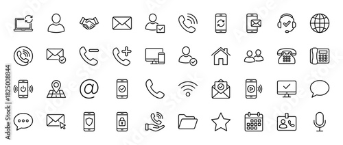 Communication and technology line icon set. Vector pictograms of phone calls, messages, networking, user profiles, and media, thin linear illustration.