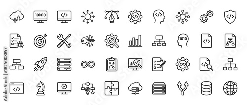 Technology and programming line icon set. Vector pictograms of coding, cloud computing, optimization, and development, thin linear illustration.