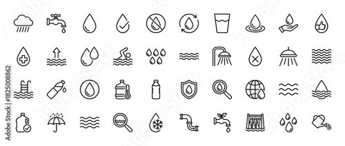 Water conservation and environmental resources line icon set. Vector pictograms of raindrops, faucet, swimming, and droplets, thin linear illustration.