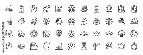 Business line icon set. Vector pictograms of growth, strategy, analysis, teamwork, and planning, thin linear illustration.