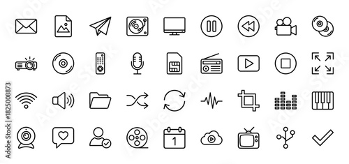 Media and technology line icon set. Vector pictograms of camera, screen, projector, audio, file, calendar, and download, thin linear illustration.