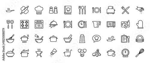Kitchen outline icon set. Vector pictograms of chef hat, oven, plate, knife, rolling pin, whisk, grill, and cooking pot, thin linear illustration.