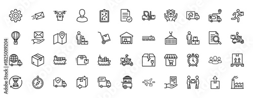 Logistics and delivery line icon set. Vector pictograms of truck, drone, ship, warehouse, forklift, box, courier, plane and packaging, thin linear illustration.