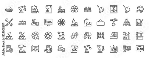 Manufacturing and production line icon set. Vector pictograms of assembly robots, conveyor belts, machinery, and quality control checklists, thin linear illustration.