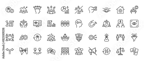 Business and social psychology line icon set. Vector pictograms of teamwork, management, success, brainstorming, and human interaction, thin linear illustration.