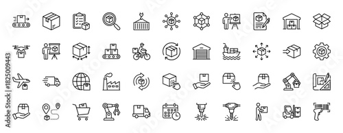 Logistics and delivery line icon set. Vector pictograms of warehouse, package, drone, truck, and shipment, thin linear illustration.
