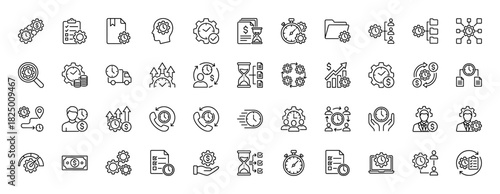 Time management and business productivity line icon set. Vector pictograms of clock, gear, stopwatch, hourglass, and chart, thin linear illustration.