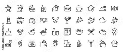Food, dining, and restaurant outline icon set. Vector pictograms of chef, burger, pizza, steak, cow, grill, and wine, thin linear illustration.