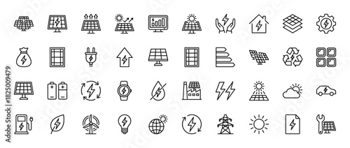 Renewable energy line icon set. Vector pictograms of solar panels, wind turbines, batteries, and electricity, thin linear illustration.