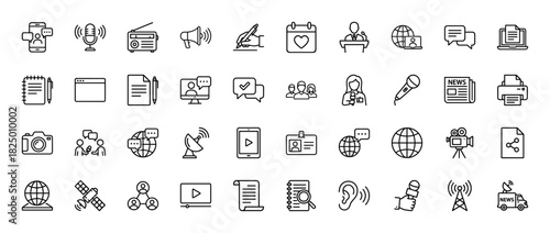 Communication and media line icon set. Vector pictograms of microphone, radio, camera, speech bubble, and newspaper, thin linear illustration.