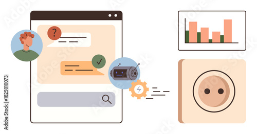 Chat interface with user messages, bar graph analysis, plug symbol, and gear-integrated device. Ideal for messaging, communication, analytics, technology automation connectivity innovation. Simple