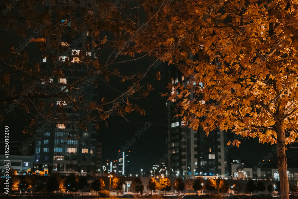 Fototapeta premium Golden brown autumn leaves at night with city lights in soft bokeh. Warm fall tones, urban atmosphere, cozy mood, seasonal transition, nature meets city, modern lifestyle, cinematic fall aesthetic.