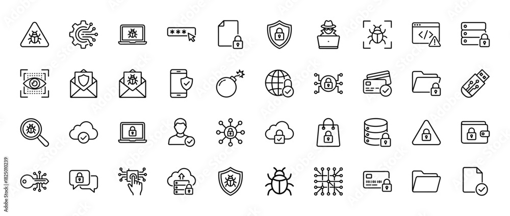 Fototapeta premium Cybersecurity line icon set. Vector pictograms of protection, virus, data, user, and cloud security, thin linear illustration.