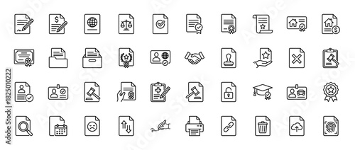 Legal, finance, and document outline icon set. Vector pictograms of contracts, justice scales, certification, and agreement, thin linear illustration.