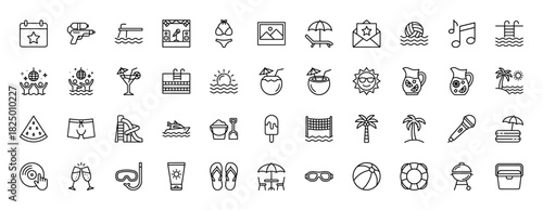 Summer vacation and beach activities line icon set. Vector pictograms of cocktails, poolside leisure, travel, and recreational elements, thin linear illustration.