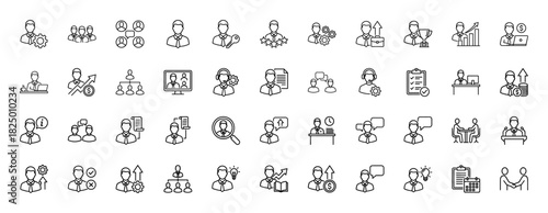 Business and management line icon set. Vector pictograms of teamwork, growth, human resources, and customer support, thin linear illustration.