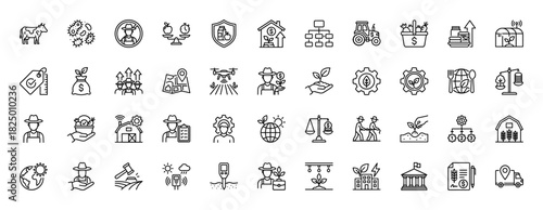 Smart farming and agriculture line icon set. Vector pictograms of farmer, drone, cow, greenhouse, and gear, thin linear illustration.