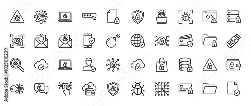 Cybersecurity line icon set. Vector pictograms of protection, virus, data, user, and cloud security, thin linear illustration.