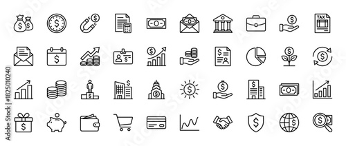 Finance and business line icon set. Vector pictograms of money, investment, calendar, tax, chart, and wallet, thin linear illustration.