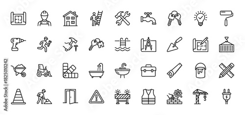 Construction and home repair line icon set. vector pictograms of tools, safety gear, blueprints, and equipment, thin linear illustration.