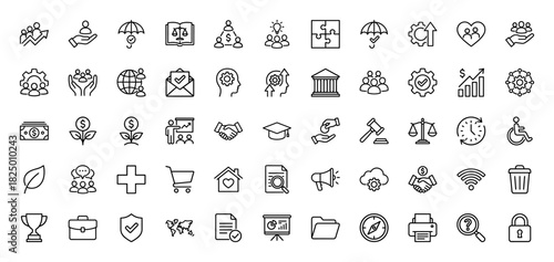 Business and finance line icon set. Vector pictograms of teamwork, investment, legal, education, and development, thin linear illustration.