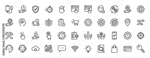 Business and service line icon set. vector pictograms of time, settings, e-commerce, customer support, and delivery, thin linear illustration.