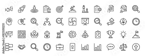 Business strategy and management line icon set. Vector pictograms of target, checklist, puzzle, trophy, and handshake, thin linear illustration.