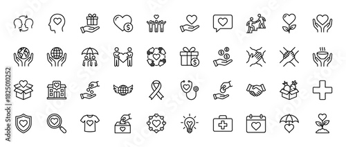 Charity and donation line icon set. Vector pictograms of heart, gift box, hands, handshake, and global help, thin linear illustration.